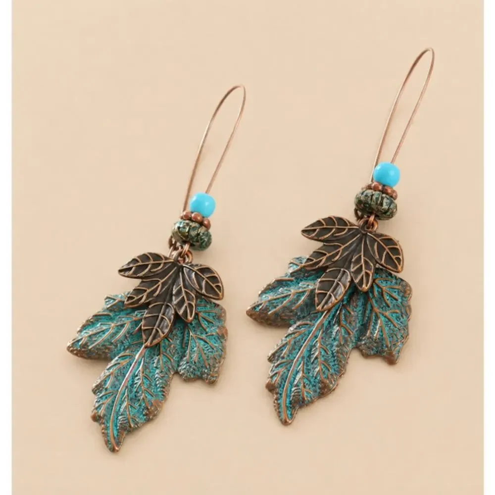 Boho Tribal Leaf Design Pendant Necklace and Earrings Set Faux Suede Cord